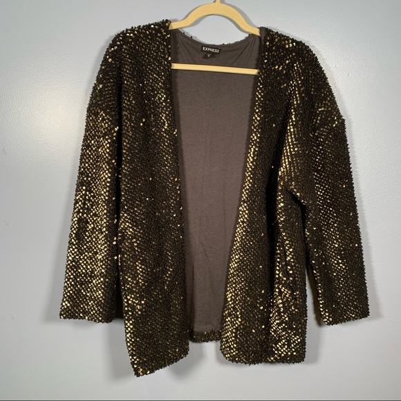 Express Gold sequin black Sherpa jacket - Picture 1 of 4